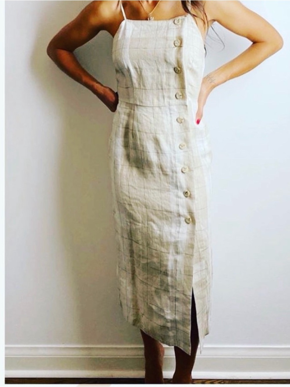 Sleeveless Beige Linen-Blend Button Midi Dress